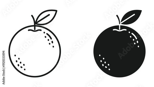 Outline and Silhouette of an Orange with a Leaf