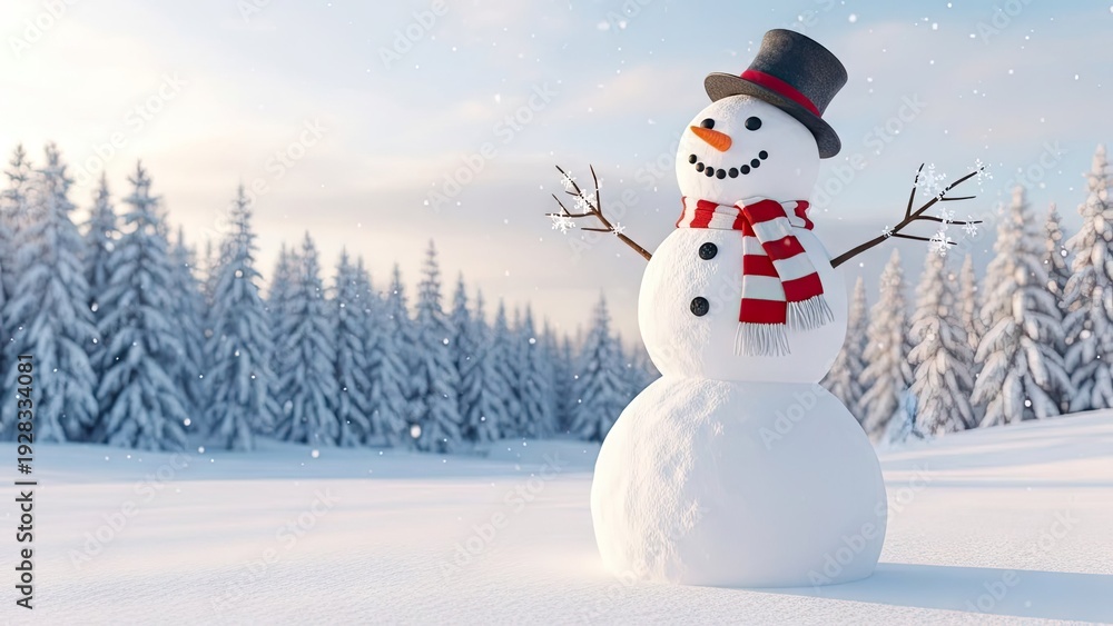 Fototapeta premium A cheerful snowman stands in a snowy forest with a bright smile
