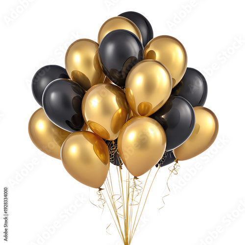 Gold and Black Metallic Balloon Cluster Isolated PNG