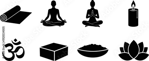 Collection of yoga and meditation icons including Om symbol, lotus flower, and candle