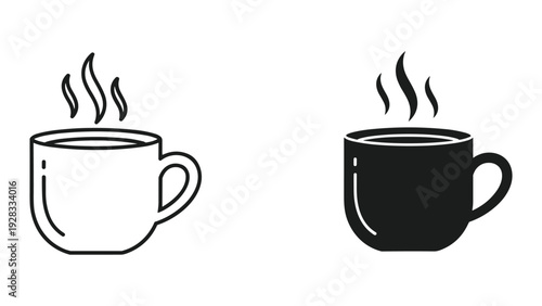 Hot Coffee Cup Icon Set: Black and White Outline and Silhouette