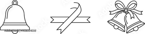 Collection of simple line art icons: bell, ribbon, and wedding bells with bow