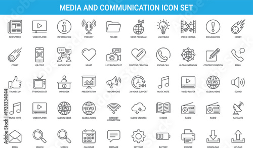 Media and communication icon set, news podcast video symbols, broadcasting tools, content creation, internet technology, vector outline collection pack