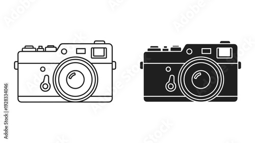 Retro Camera Icon Set: Line Art and Silhouette