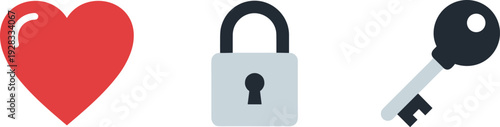 Red heart, padlock, and key icons symbolizing love, security, and access