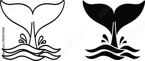 Whale Tail Logo Icon Set with Ocean Wave Splash in Outline and Solid Style for Marine, Nautical, Travel and Sea Life Branding Design