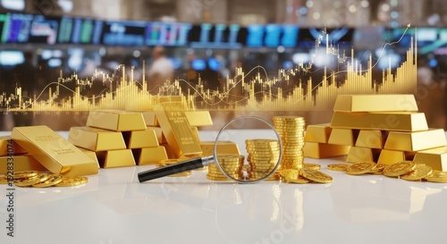 Gold Bars and Coins with Financial Graphs in Background for Investment