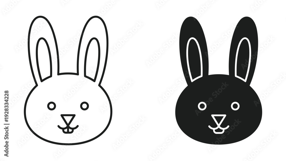 Fototapeta premium Simple outline and solid black bunny rabbit faces, vector illustration