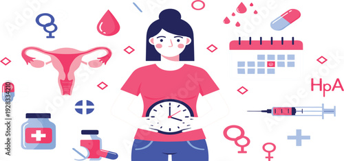 Women Health and Menstrual Cycle Awareness Illustration with Female Reproductive System, Hormones, Calendar, Medicine and Medical Icons for Healthcare Education Design