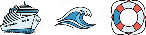 Cruise ship, ocean wave, and life preserver icons on a white background