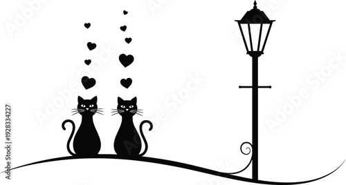 Two black cat silhouettes sitting together on a curved hill under a vintage street lamp with floating hearts, romantic nocturnal feline illustration.