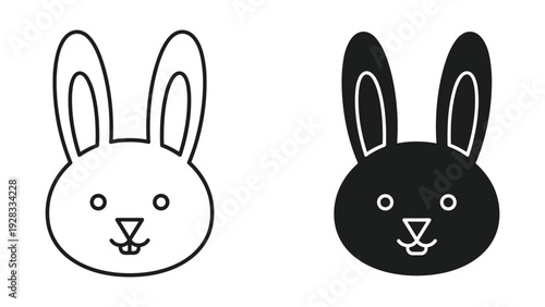 Simple outline and solid black bunny rabbit faces, vector illustration