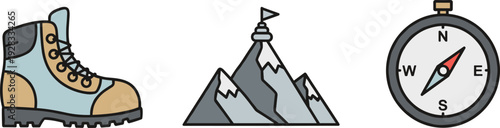 Hiking boot, mountain peak with flag, and compass represent adventure and exploration