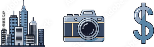 City skyline, camera, and dollar sign icons representing business and photography