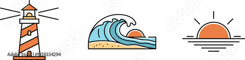 Minimalist nautical icon set featuring a lighthouse, ocean wave, and sunset for coastal design