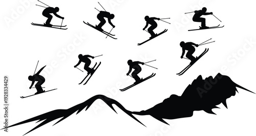 Skiing silhouettes set, downhill skier vector icons, winter sports mountain, alpine skiing action, extreme snow boarding, outdoor adventure activity, athlete jumping, holiday vacation.