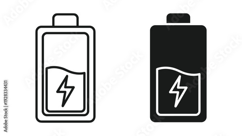 Battery Icon Set: Outline and Solid, Half Full, Charging Symbol
