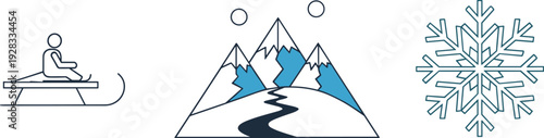 Winter icons: Sledding, mountains, and snowflake illustration on white background