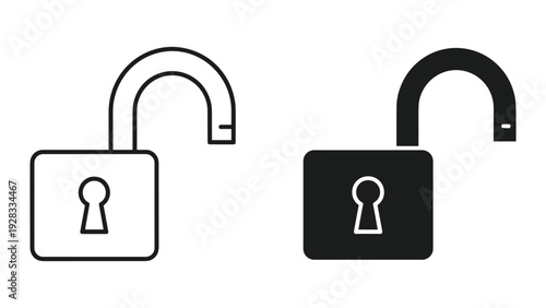 Unlocked padlock icons, line art and solid silhouette, security concepts