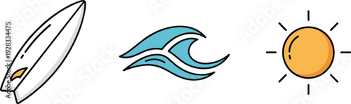 Surfboard, ocean wave, and sun icons representing a perfect day for surfing