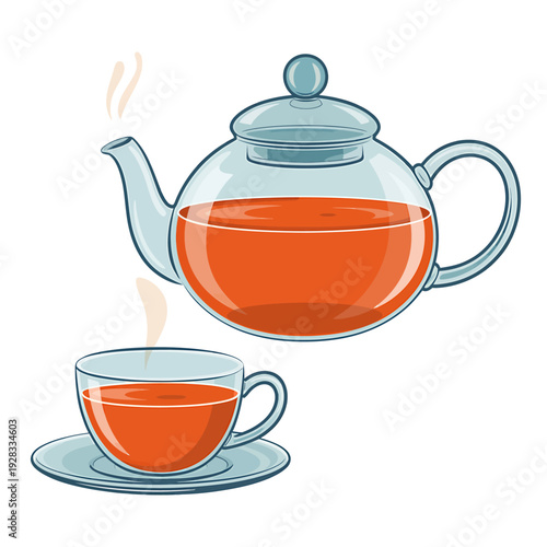 Glass teapot and cup with tea