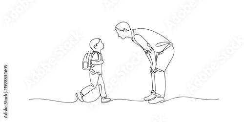 One line drawing of a father bending to talk with his child carrying a backpack. Hand drawn continuous line expressing care, guidance, trust, and parental connection.