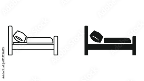 Bed and Pillow Icon Set - Outline and Solid Fill Styles