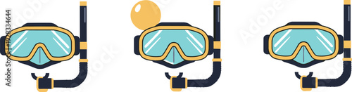 Set of three snorkel masks with one having a yellow bubble on top