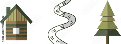 Simple flat icons of a log cabin, winding path with paw prints, and a pine tree