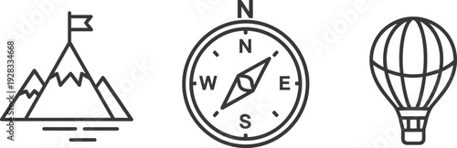 Set of icons representing adventure: mountain summit, compass, and hot air balloon