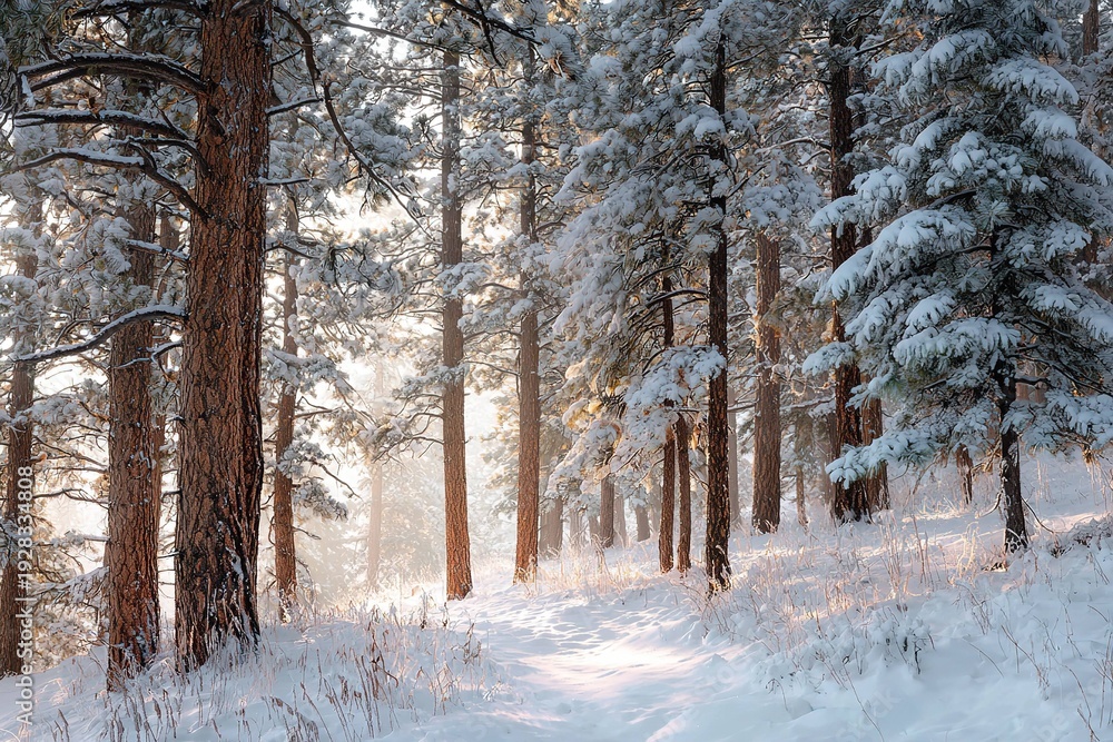 Fototapeta premium snow-covered pine forest with soft morning light