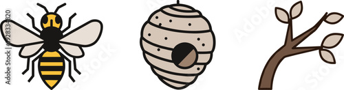 Stylized bee, hive, and tree branch icons representing nature and insects