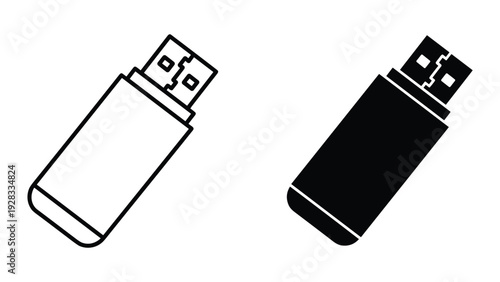 USB Flash Drive Icon Set - Black and White Line Art and Solid Silhouette