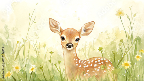 Watercolor illustration shows deer fawn standing in a meadow with flowers during daytime