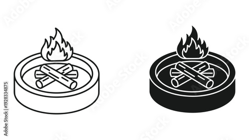 Fire Pit Icon Set: Line Art and Solid Black