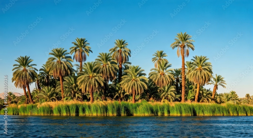 Obraz premium Island oasis with lush palm trees, reeds, and a serene river under a clear blue sky
