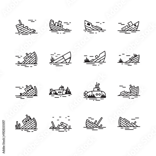 Shipwreck and Submarine Icons Underwater Nautical Disasters Vector Line Art