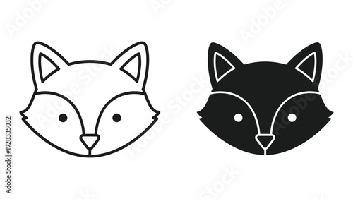 Cute Fox Faces Icon Set - Outline and Silhouette