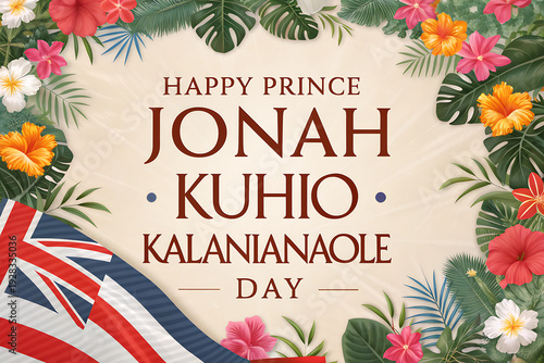 Prince Jonah Kuhio Kalanianaole Day Poster With Hawaiian Flag and Tropical Flowers

