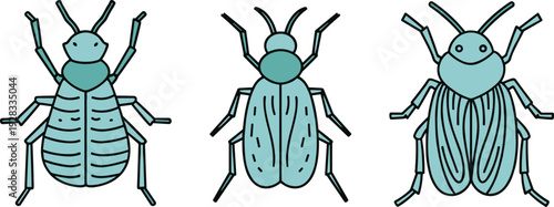 Three stylized blue insects with antennae and segmented bodies displayed in a row
