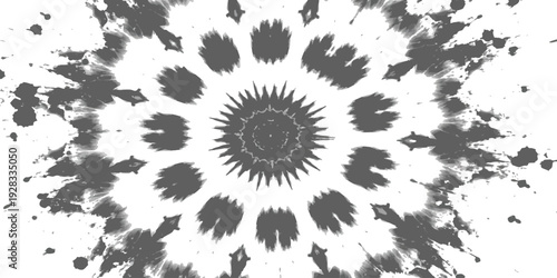 Circular black ink splash and abstract radial grunge paint splatter mandala pattern vector illustration design background.