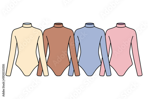 Bodysuit illustration of four colorful turtleneck bodysuits in a row