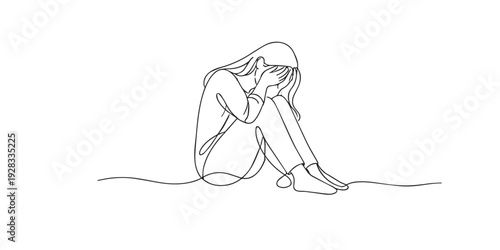 One line drawing of a sad woman sitting with head in hands. Hand drawn continuous line expressing sadness, loneliness, emotional pain, and quiet vulnerability.
