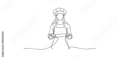 One line drawing of a female chef holding a rolling pin. Hand drawn continuous line expressing baking process, culinary skill, and kitchen creativity.