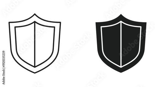 Shield Icon Set: Outline and Solid Black Silhouette
