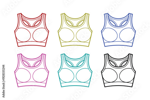 A bra vector illustration set of six different colored sports bras