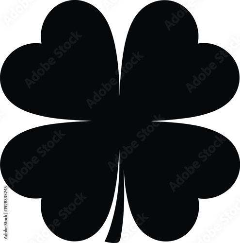 A black four leaf clover silhouette on a white background symbolizing good luck