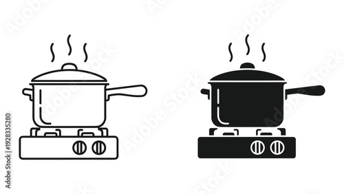 Boiling Pot Icon Set: Line Art and Silhouette for Cooking and Kitchen Concepts