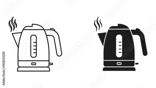 Electric Kettle Icon Set: Line Art and Solid Black Styles