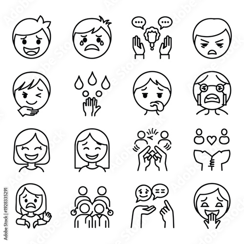 Collection of Diverse Human Emotion Icons in Outline Style